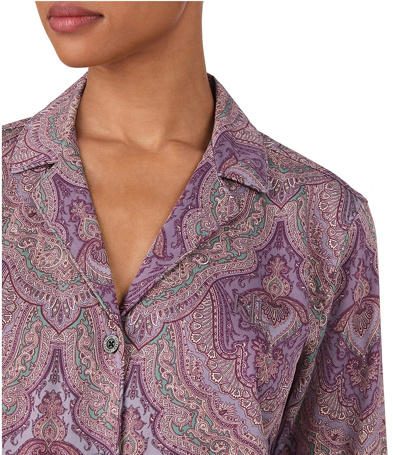 Lauren Ralph Lauren Paisley Print Long Sleeve Notch Collar Long Woven Sateen Pajama Set