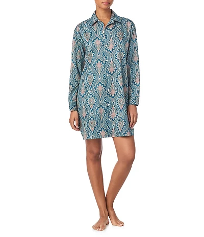 Lauren Ralph Lauren Paisley Print Long Sleeve Notch Collar Neck Woven Nightgown