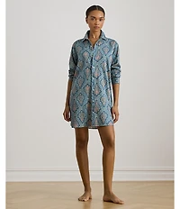 Lauren Ralph Lauren Paisley Print Long Sleeve Notch Collar Neck Woven Nightgown
