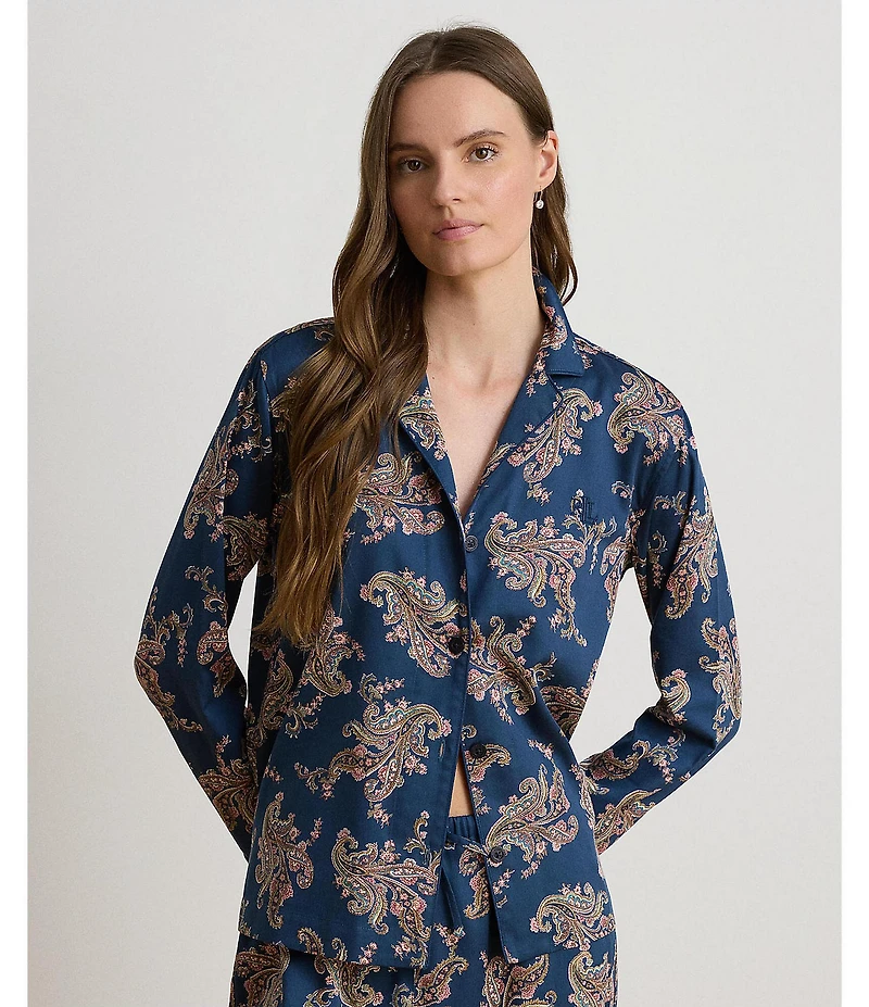 Lauren Ralph Lauren Paisley Print Long Sleeve Notch Collar Woven Sateen Pajama Set