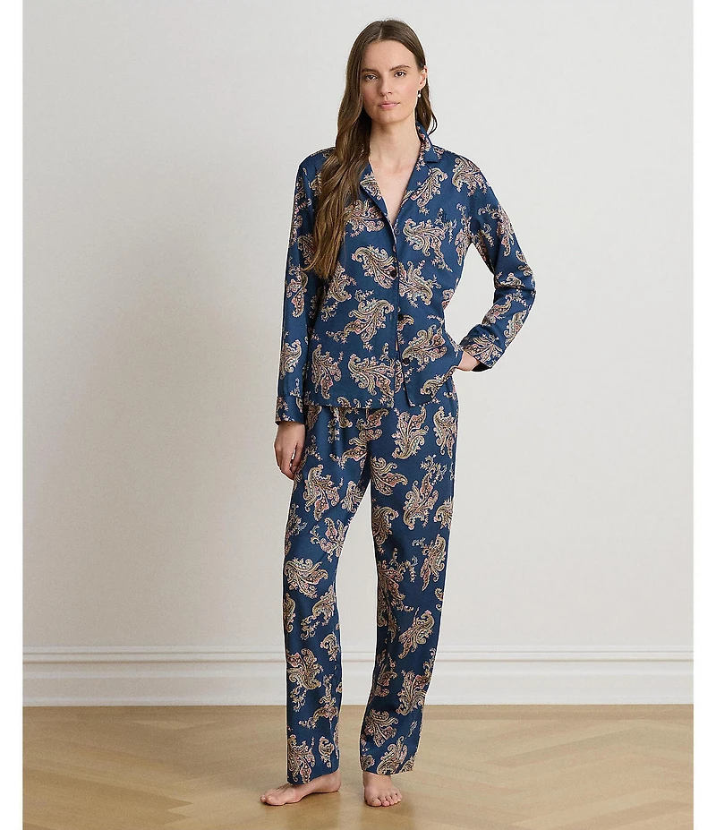 Lauren Ralph Lauren Paisley Print Long Sleeve Notch Collar Woven Sateen Pajama Set