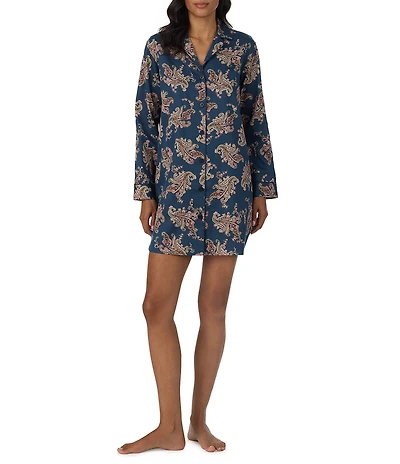 Lauren Ralph Lauren Paisley Print Long Sleeve Notch Collar Woven Sateen Sleepshirt