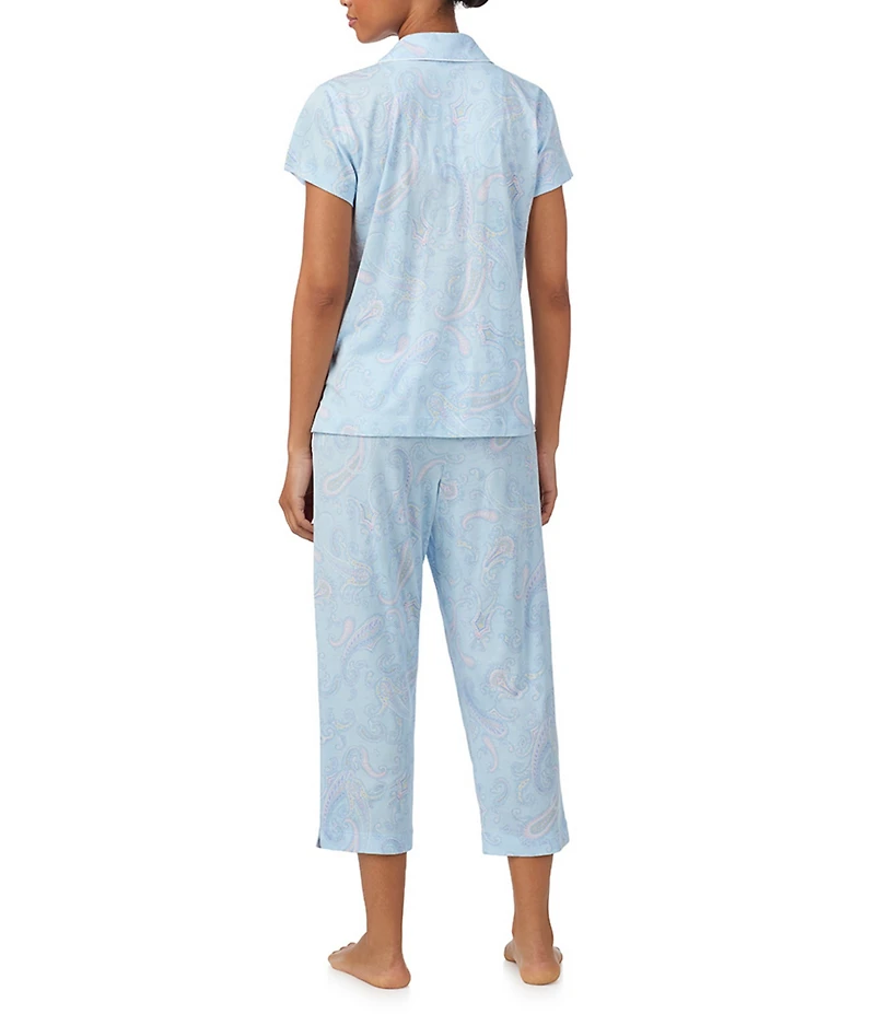 Lauren Ralph Lauren Paisley Print Short Sleeve Notch Collar Knit Cropped Pajama Set