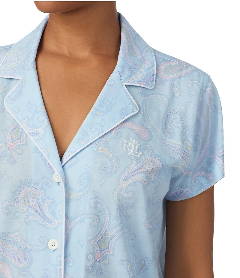 Lauren Ralph Lauren Paisley Print Short Sleeve Notch Collar Knit Cropped Pajama Set