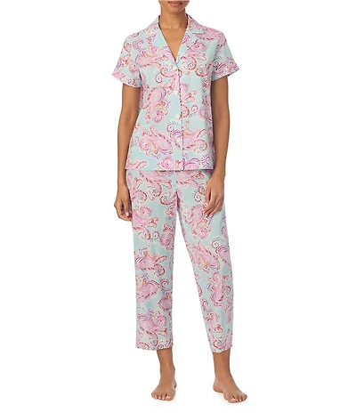 Lauren Ralph Lauren Paisley Print Short Sleeve Notch Collar Woven Cropped Pajama Set