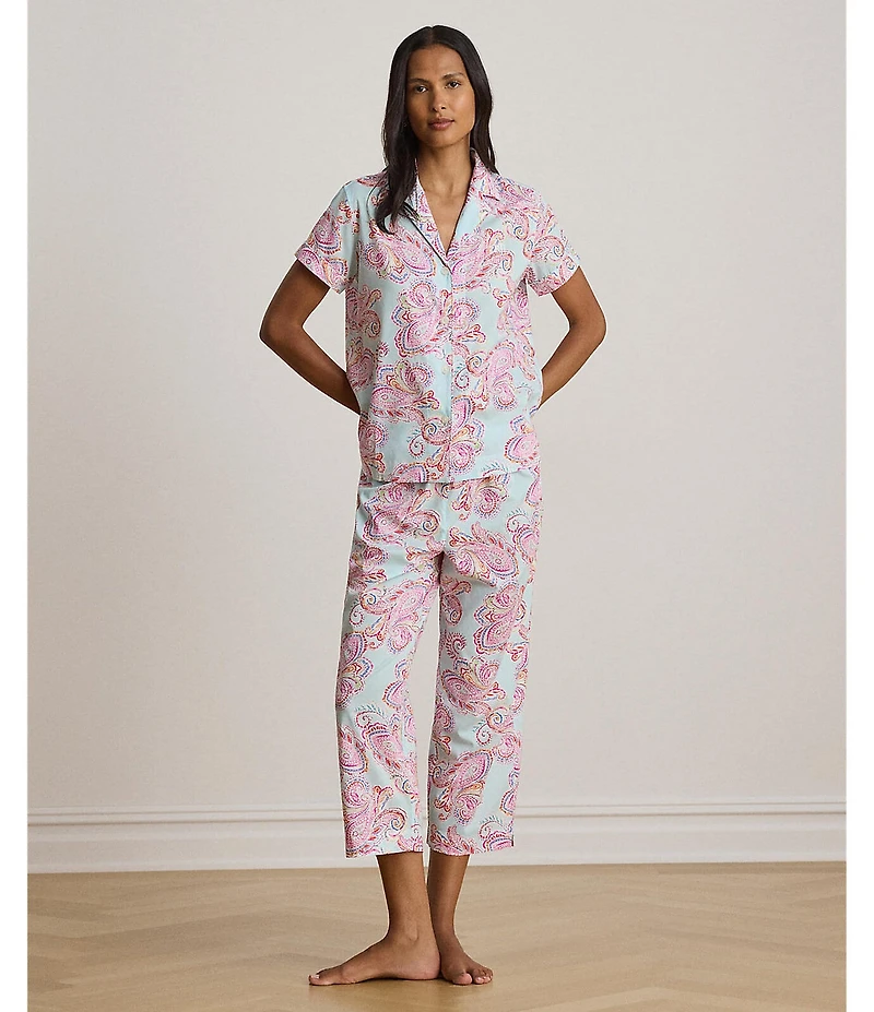 Lauren Ralph Lauren Paisley Print Short Sleeve Notch Collar Woven Cropped Pajama Set