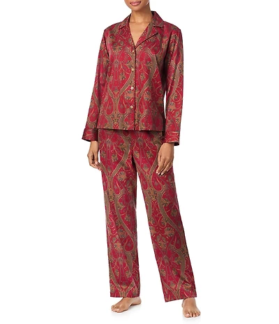 Lauren Ralph Lauren Paisley Print Woven Sateen Long Sleeve Notch Collar Long Pajama Set