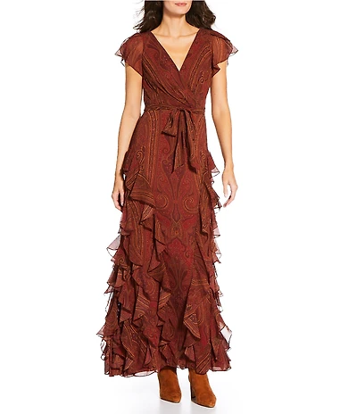 Lauren Ralph Lauren Paisley Ruffle Trim Tiered Belted Georgette Gown