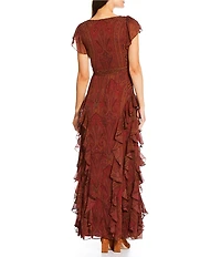 Lauren Ralph Lauren Paisley Ruffle Trim Tiered Belted Georgette Gown