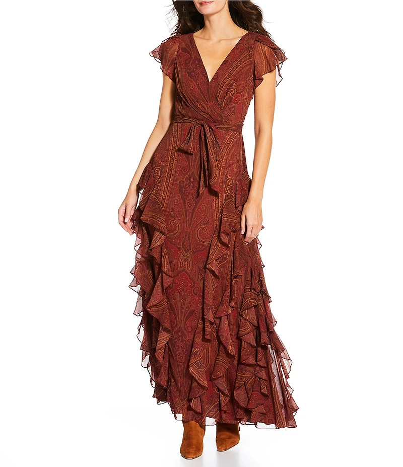 Lauren Ralph Lauren Paisley Ruffle Trim Tiered Belted Georgette Gown