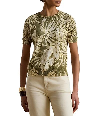 Lauren Ralph Lauren Palm Frond Print Round Neck Short Sleeve Sweater