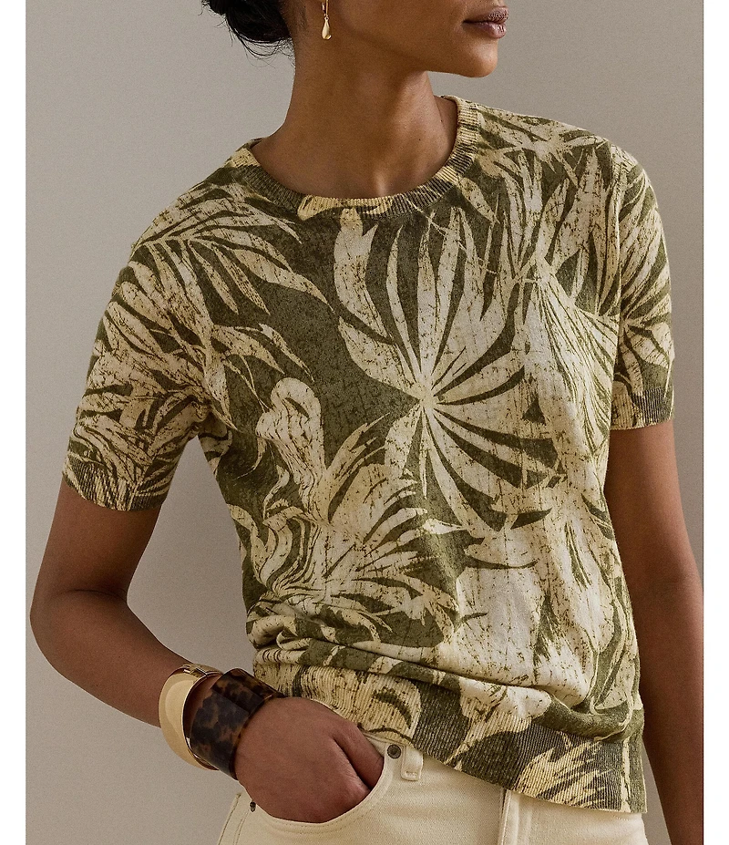 Lauren Ralph Lauren Palm Frond Print Round Neck Short Sleeve Sweater