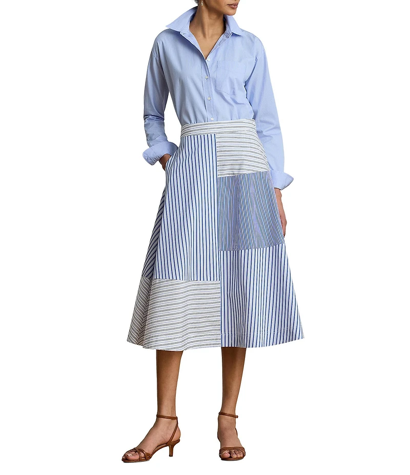 Lauren Ralph Lauren Patchwork Striped Midi Length A-Line Skirt