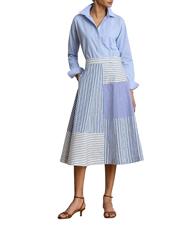 Lauren Ralph Lauren Patchwork Striped Midi Length A-Line Skirt