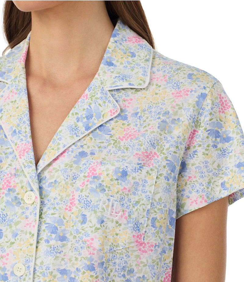Lauren Ralph Lauren Petite Floral Print Short Sleeve Notch Collar Jersey Knit Cropped Pajama Set