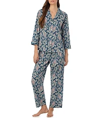 Lauren Ralph Lauren Petite Size Paisley Print Woven 3/4 Sleeve Notch Collar Ankle Pajama Set