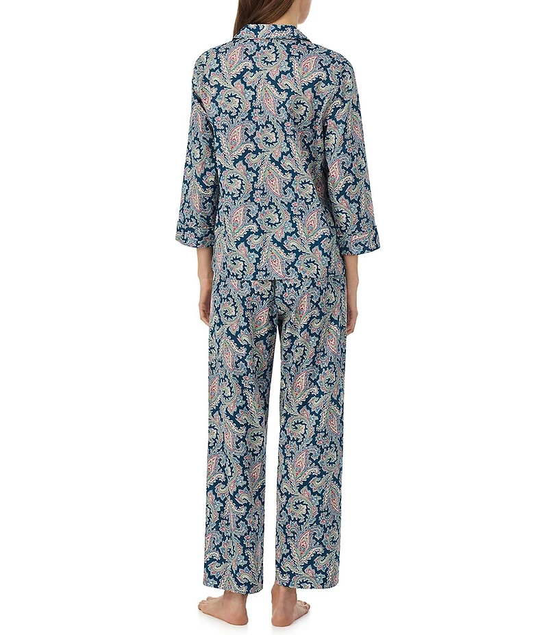 Lauren Ralph Lauren Petite Size Paisley Print Woven 3/4 Sleeve Notch Collar Ankle Pajama Set