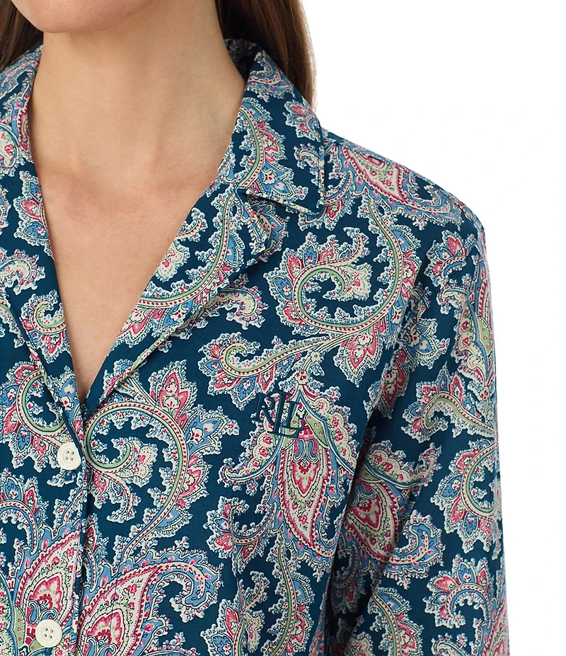 Lauren Ralph Lauren Petite Size Paisley Print Woven 3/4 Sleeve Notch Collar Ankle Pajama Set