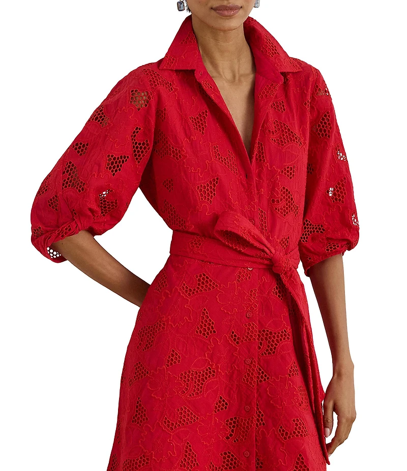 Lauren Ralph Lauren Petite Size Allover Floral Eyelet Embroidery Self Tie Button-Front Shirt Dress