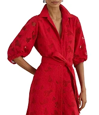 Lauren Ralph Lauren Petite Size Allover Floral Eyelet Embroidery Self Tie Button-Front Shirt Dress