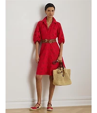 Lauren Ralph Lauren Petite Size Allover Floral Eyelet Embroidery Self Tie Button-Front Shirt Dress