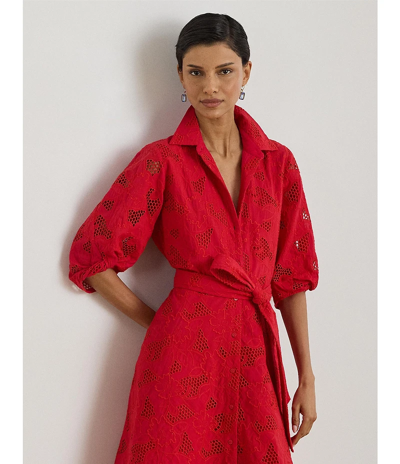 Lauren Ralph Lauren Petite Size Allover Floral Eyelet Embroidery Self Tie Button-Front Shirt Dress