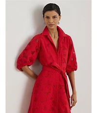 Lauren Ralph Lauren Petite Size Allover Floral Eyelet Embroidery Self Tie Button-Front Shirt Dress