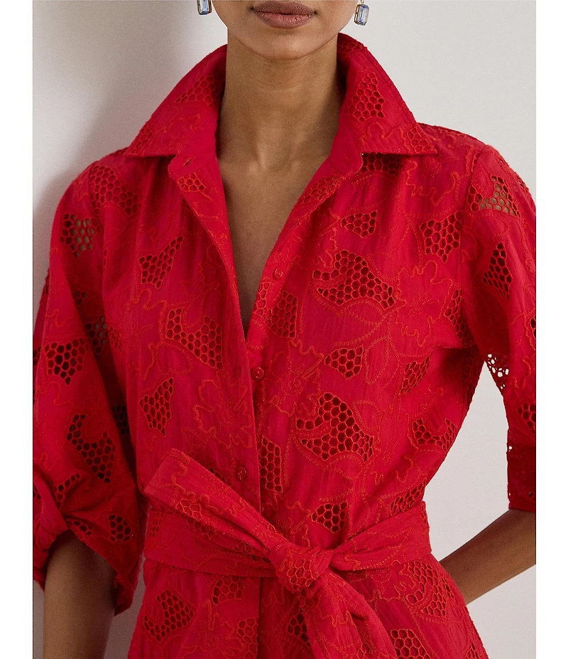 Lauren Ralph Lauren Petite Size Allover Floral Eyelet Embroidery Self Tie Button-Front Shirt Dress