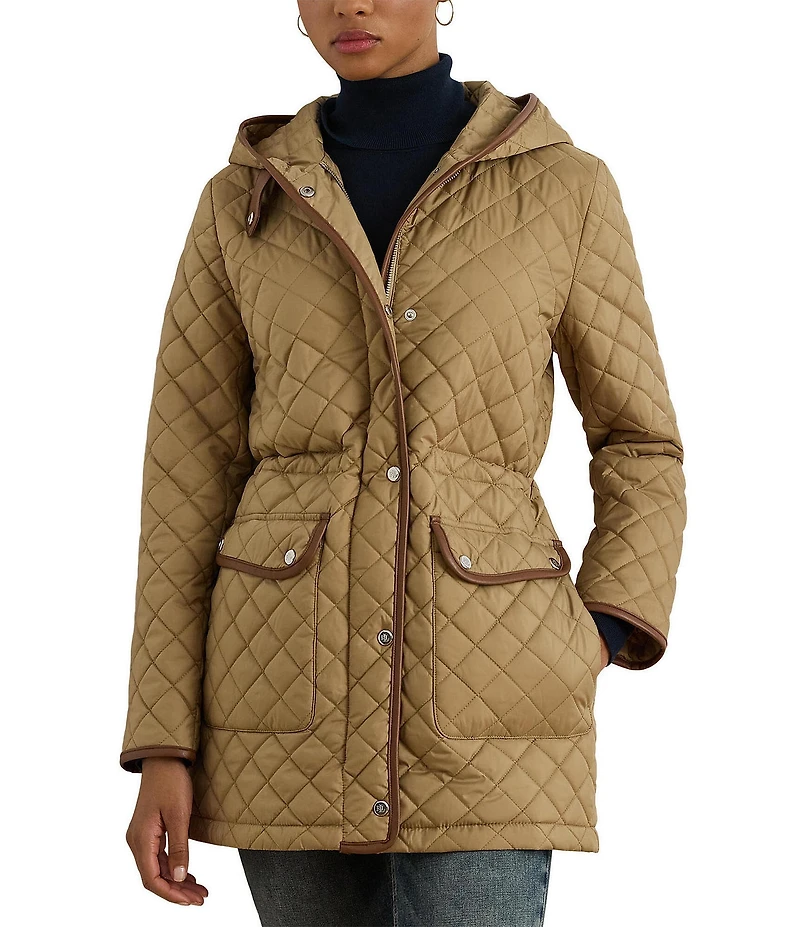 Lauren Ralph Lauren Petite Size Anorak Quilted Hooded Neck Drawcord Waist Snap Front Coat