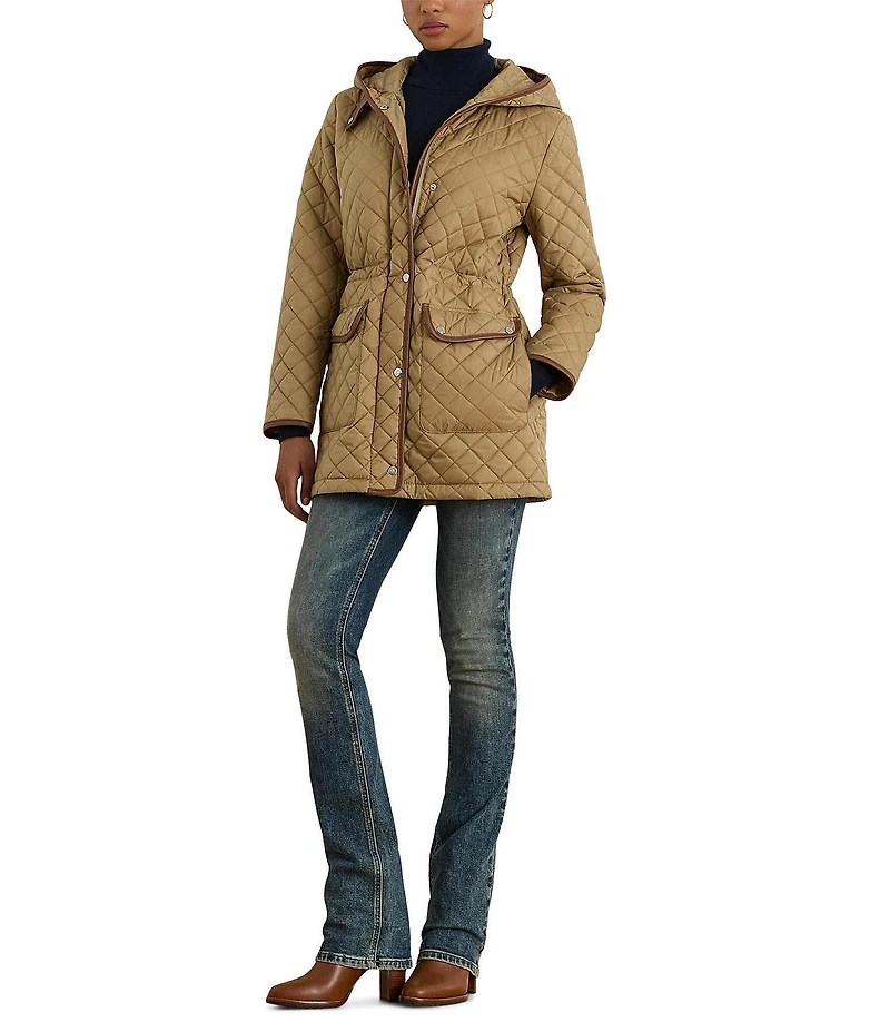 Lauren Ralph Lauren Petite Size Anorak Quilted Hooded Neck Drawcord Waist Snap Front Coat