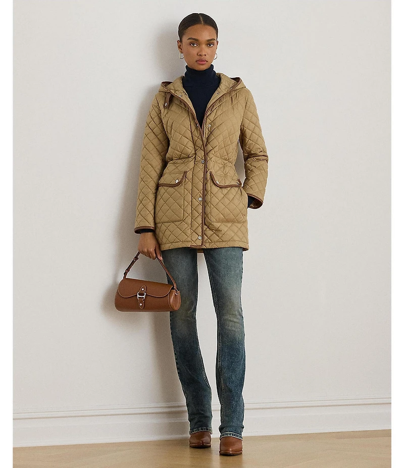 Lauren Ralph Lauren Petite Size Anorak Quilted Hooded Neck Drawcord Waist Snap Front Coat