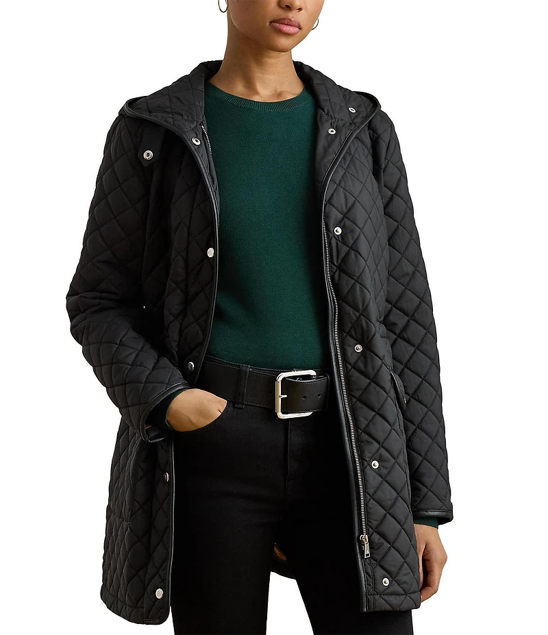 Lauren Ralph Lauren Petite Size Anorak Quilted Hooded Neck Drawcord Waist Snap Front Coat