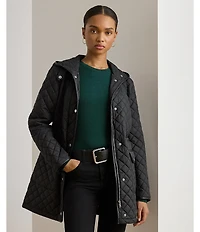 Lauren Ralph Lauren Petite Size Anorak Quilted Hooded Neck Drawcord Waist Snap Front Coat