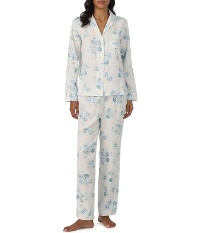 Lauren Ralph Lauren Petite Size Blue Floral Print Long Sleeve Notch Collar Woven Sateen Pant Pajama Set