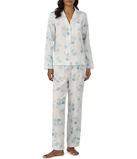 Lauren Ralph Lauren Petite Size Blue Floral Print Long Sleeve Notch Collar Woven Sateen Pant Pajama Set