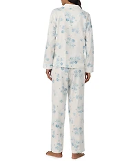 Lauren Ralph Lauren Petite Size Blue Floral Print Long Sleeve Notch Collar Woven Sateen Pant Pajama Set