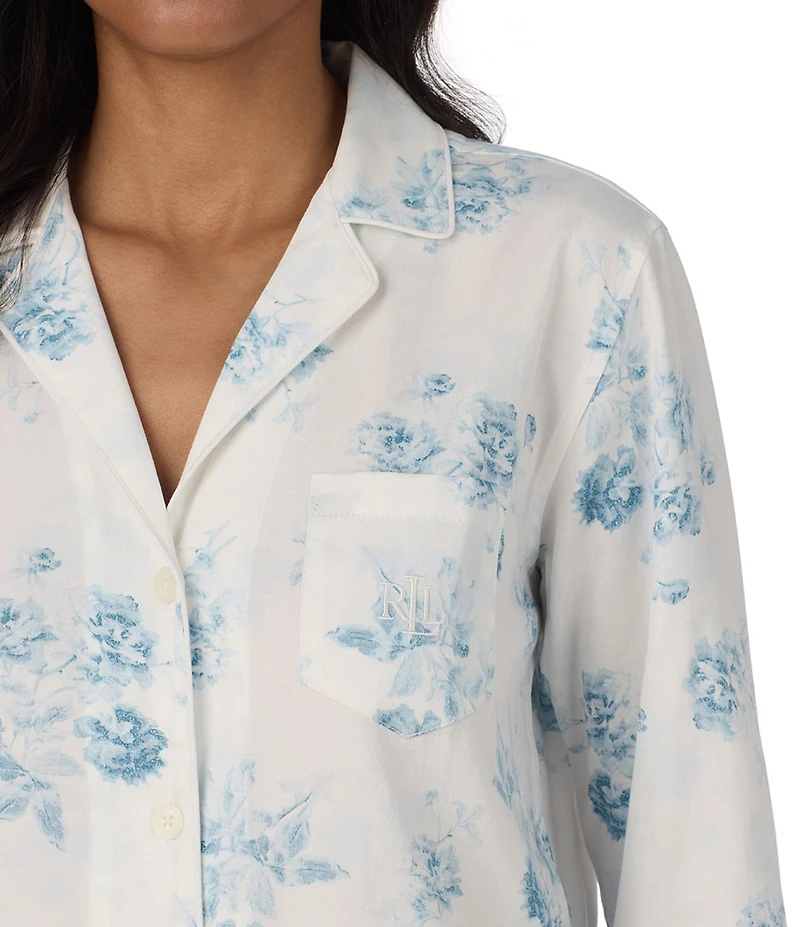 Lauren Ralph Lauren Petite Size Blue Floral Print Long Sleeve Notch Collar Woven Sateen Pant Pajama Set