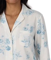 Lauren Ralph Lauren Petite Size Blue Floral Print Long Sleeve Notch Collar Woven Sateen Pant Pajama Set