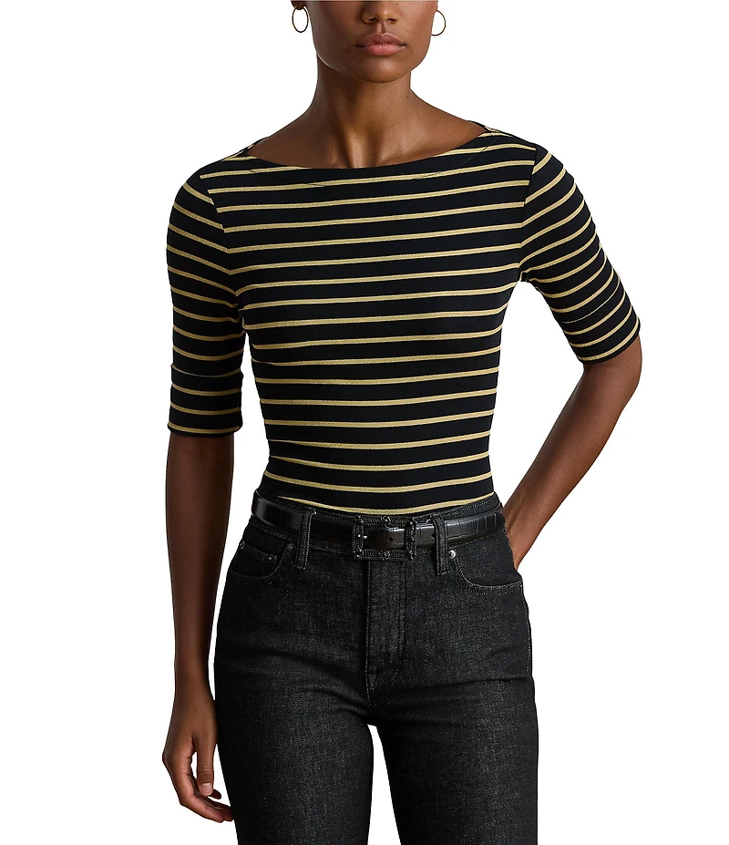 Lauren Ralph Lauren Petite Size Boat Neck Elbow Cuffed Sleeve Metallic Striped Tee
