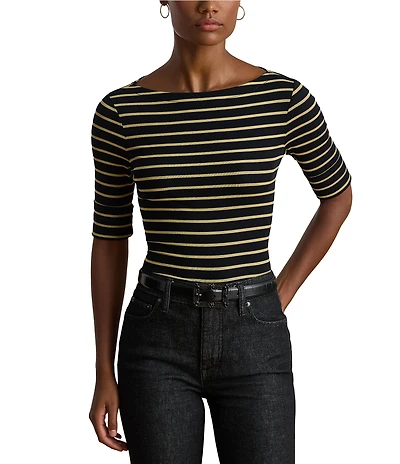 Lauren Ralph Lauren Petite Size Boat Neck Elbow Cuffed Sleeve Metallic Striped Tee