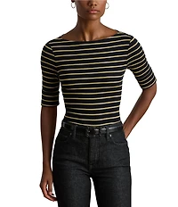 Lauren Ralph Lauren Petite Size Boat Neck Elbow Cuffed Sleeve Metallic Striped Tee
