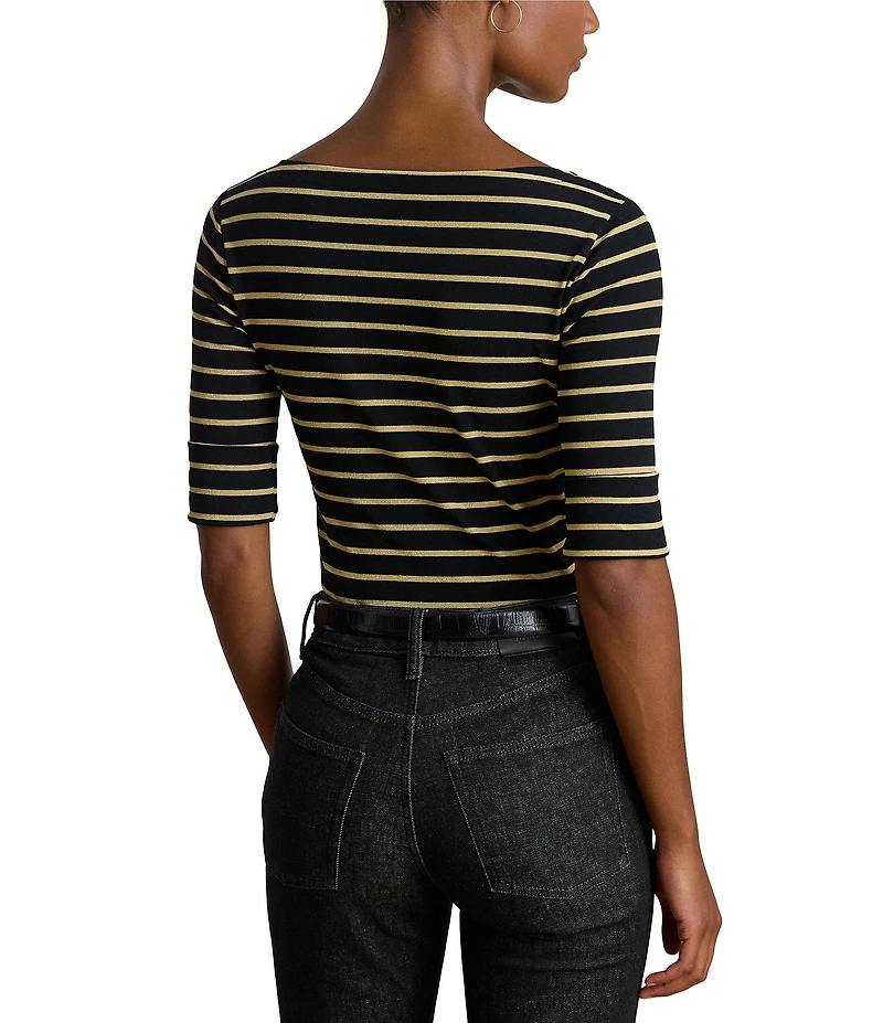 Lauren Ralph Lauren Petite Size Boat Neck Elbow Cuffed Sleeve Metallic Striped Tee