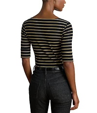 Lauren Ralph Lauren Petite Size Boat Neck Elbow Cuffed Sleeve Metallic Striped Tee