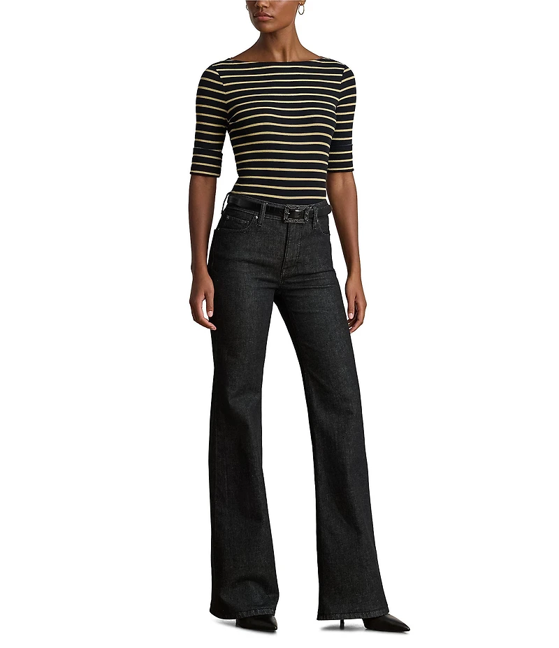 Lauren Ralph Lauren Petite Size Boat Neck Elbow Cuffed Sleeve Metallic Striped Tee