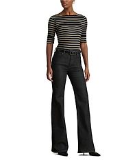 Lauren Ralph Lauren Petite Size Boat Neck Elbow Cuffed Sleeve Metallic Striped Tee