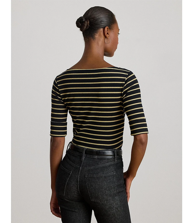 Lauren Ralph Lauren Petite Size Boat Neck Elbow Cuffed Sleeve Metallic Striped Tee
