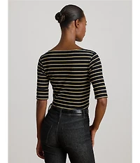 Lauren Ralph Lauren Petite Size Boat Neck Elbow Cuffed Sleeve Metallic Striped Tee