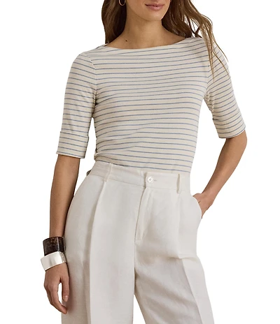 Lauren Ralph Lauren Petite Size Boat Neck Elbow Cuffed Sleeve Striped Tee