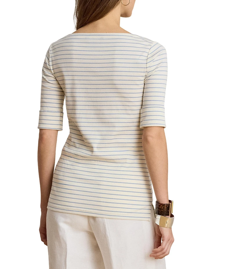 Lauren Ralph Lauren Petite Size Boat Neck Elbow Cuffed Sleeve Striped Tee