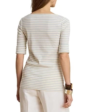 Lauren Ralph Lauren Petite Size Boat Neck Elbow Cuffed Sleeve Striped Tee
